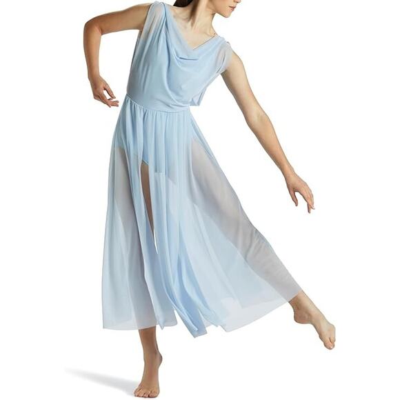 Balera Sz Medium Maxi Dress Double Cowl Stretch Mesh Overlay Dance lyrical - Picture 2 of 10